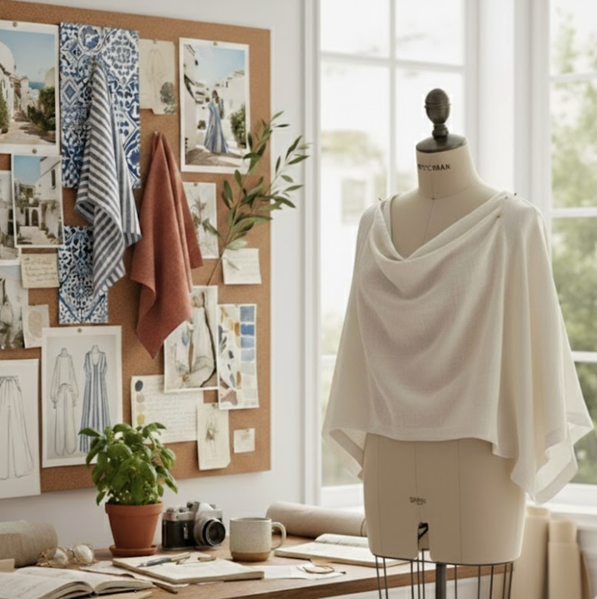 An organic and luxurious design studio bathed in natural light, featuring large industrial windows and concrete walls. A linen top is displayed on a mannequin, situated next to an extensive trend and color research mood board centered on a clean, Mediterranean-inspired palette of creams, sages, and natural textures.

